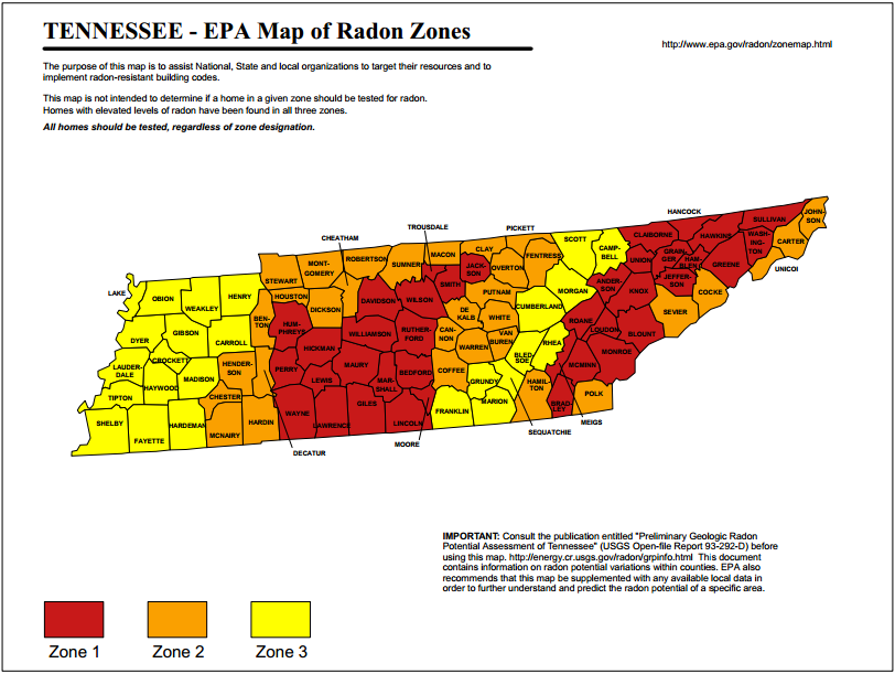 TN EPA map of radon zones